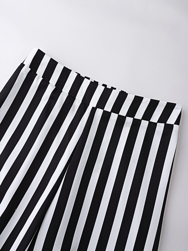 2pcs Women’s Elegant Black Tie-Up Camisole And Black And White Striped Wide-Leg Pants.