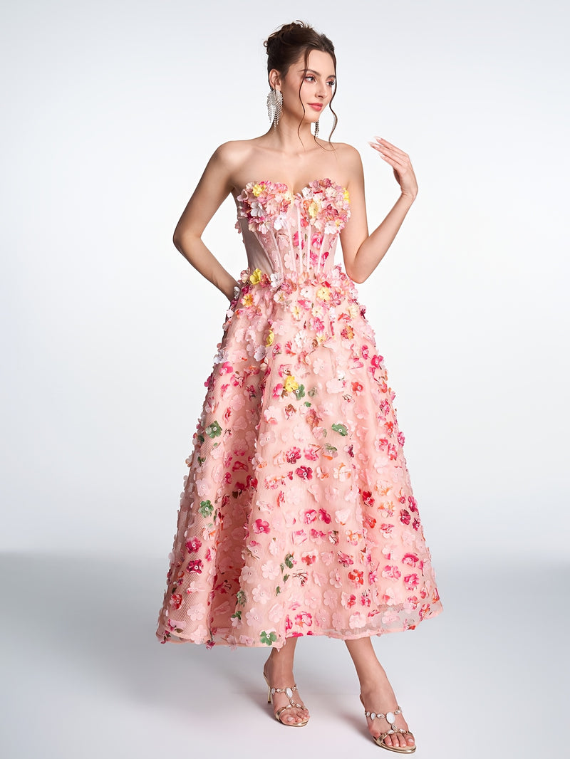 Women's Strapless 3D Floral Embellished Pink Tulle A-Line Midi Gown.