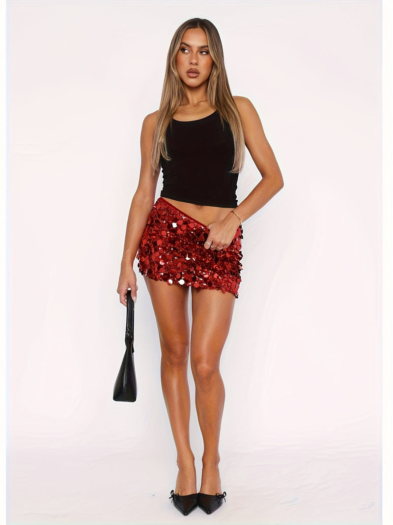 Golden Sequin Mini Skirt, Fitted And, Perfect for Party Wear for Women.