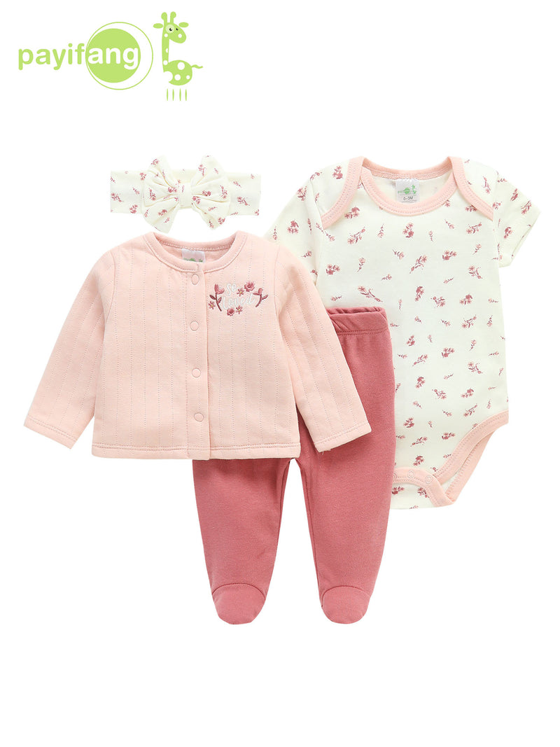 Four-Piece Infant Romper, Long-Sleeve Top, and Footed Pants Set.