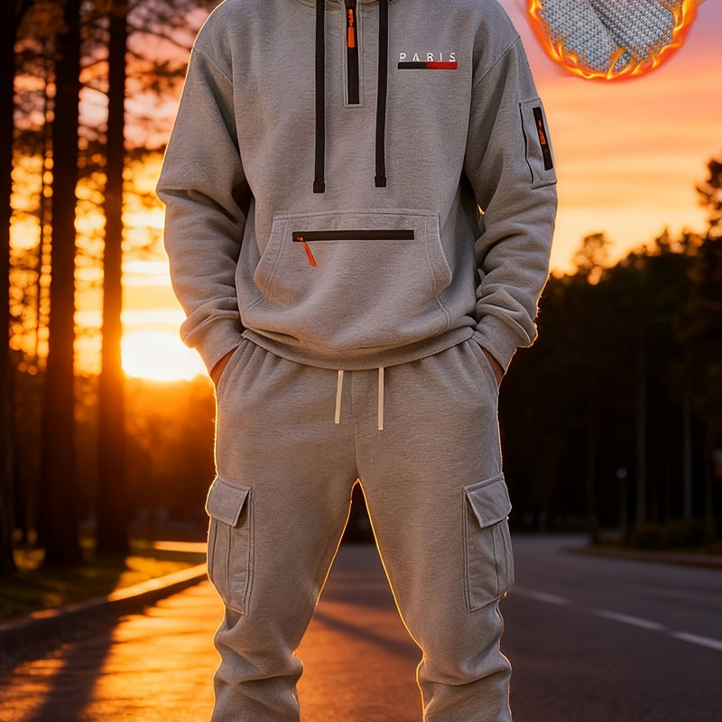 Men's Halloween Paris Letter Print Hoodie & Drawstring Cargo Jogger.