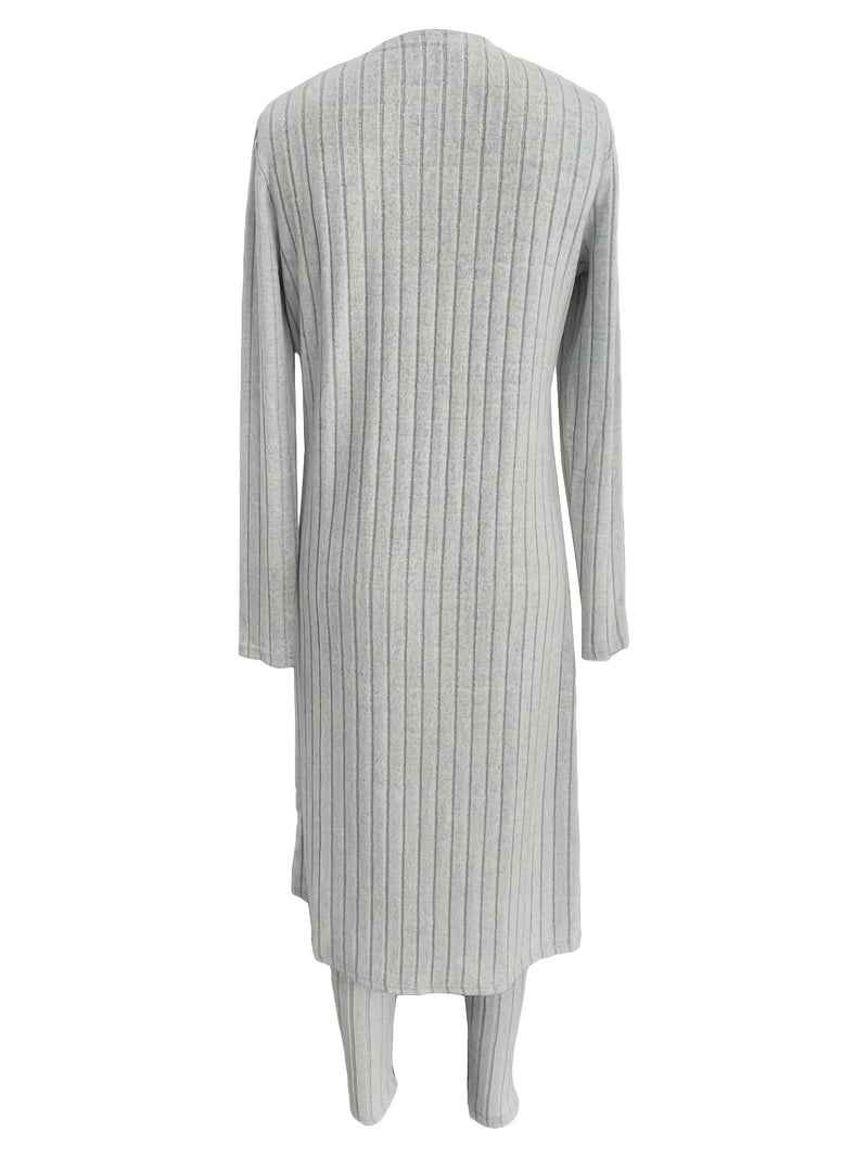 Women's Brushed Wide Stripe Solid Color Long Sleeve Long Cardigan And Pants.