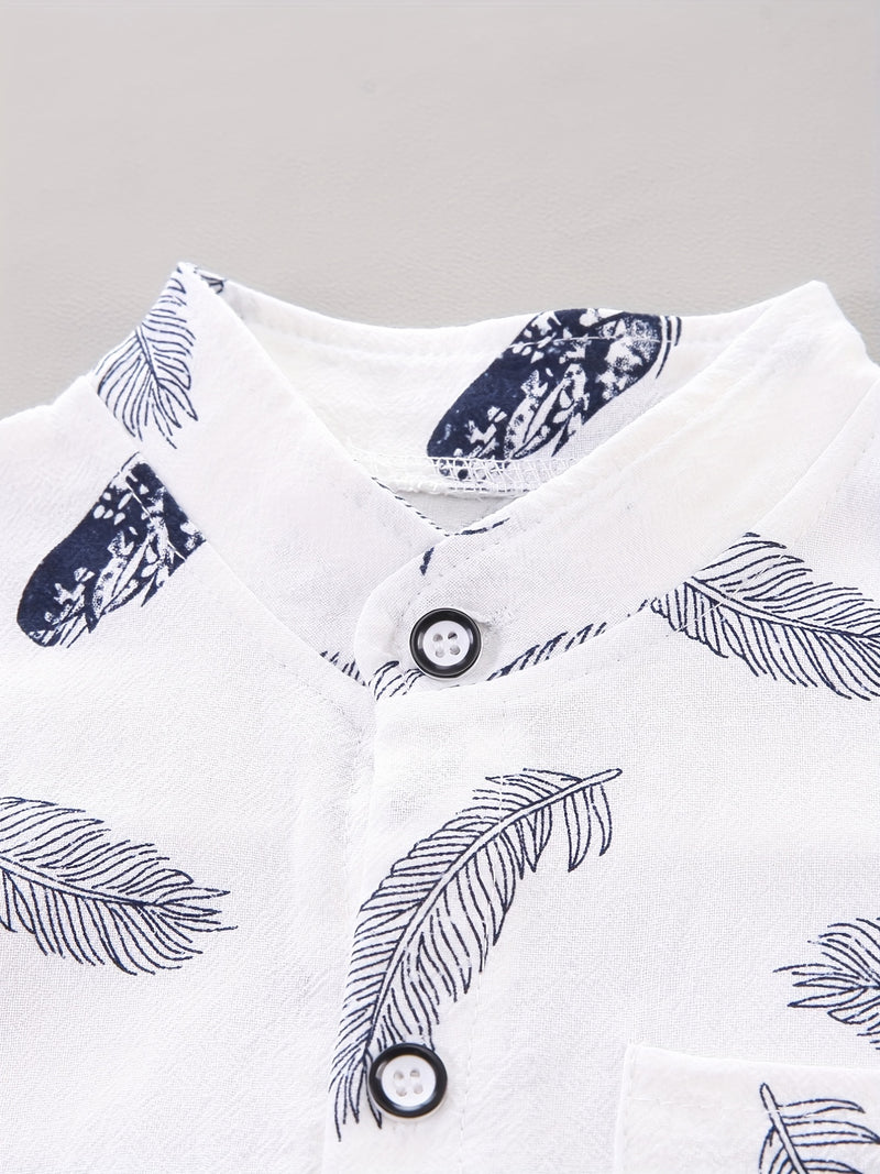 2pcs Boys' Casual Feather Shirt and Shorts Set Vibrant Yellow with Blue Accents.