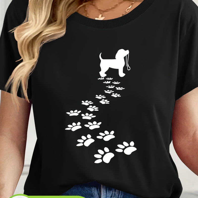 Women's Casual Short Sleeve T-Shirt with Dog Silhouette & Paw Print Graphic.