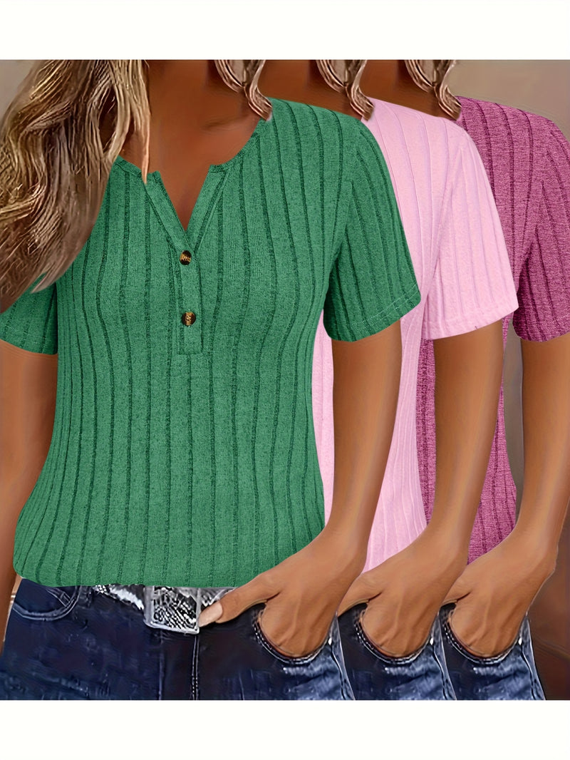 3pcs Women's Elegant V-Neck Short Sleeve Blouses.