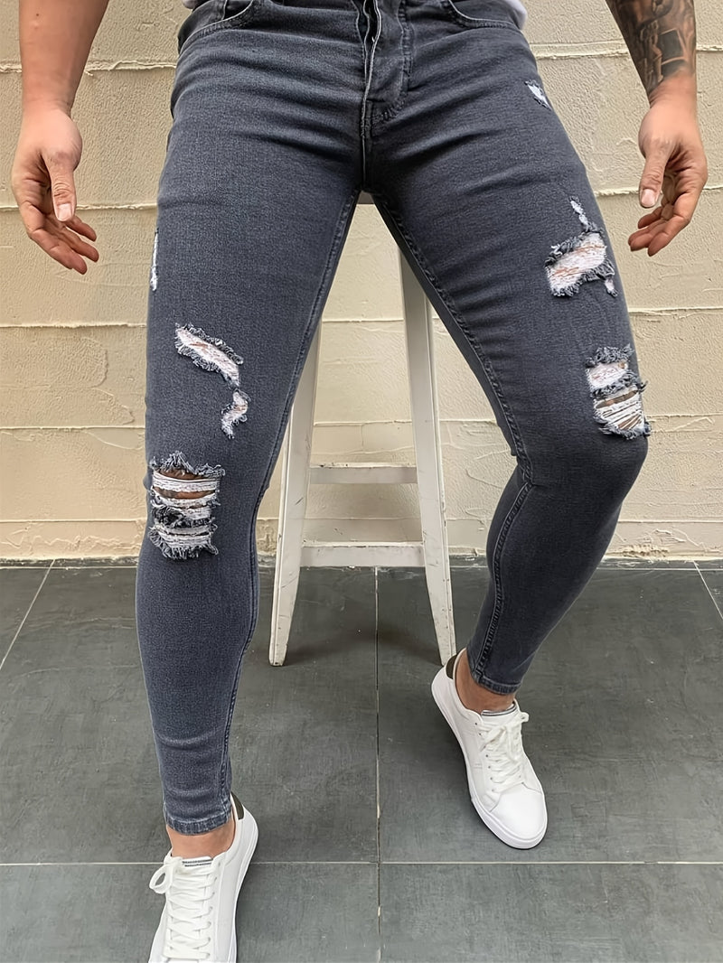 Trendy Men's High Street Ripped Skinny Jeans.