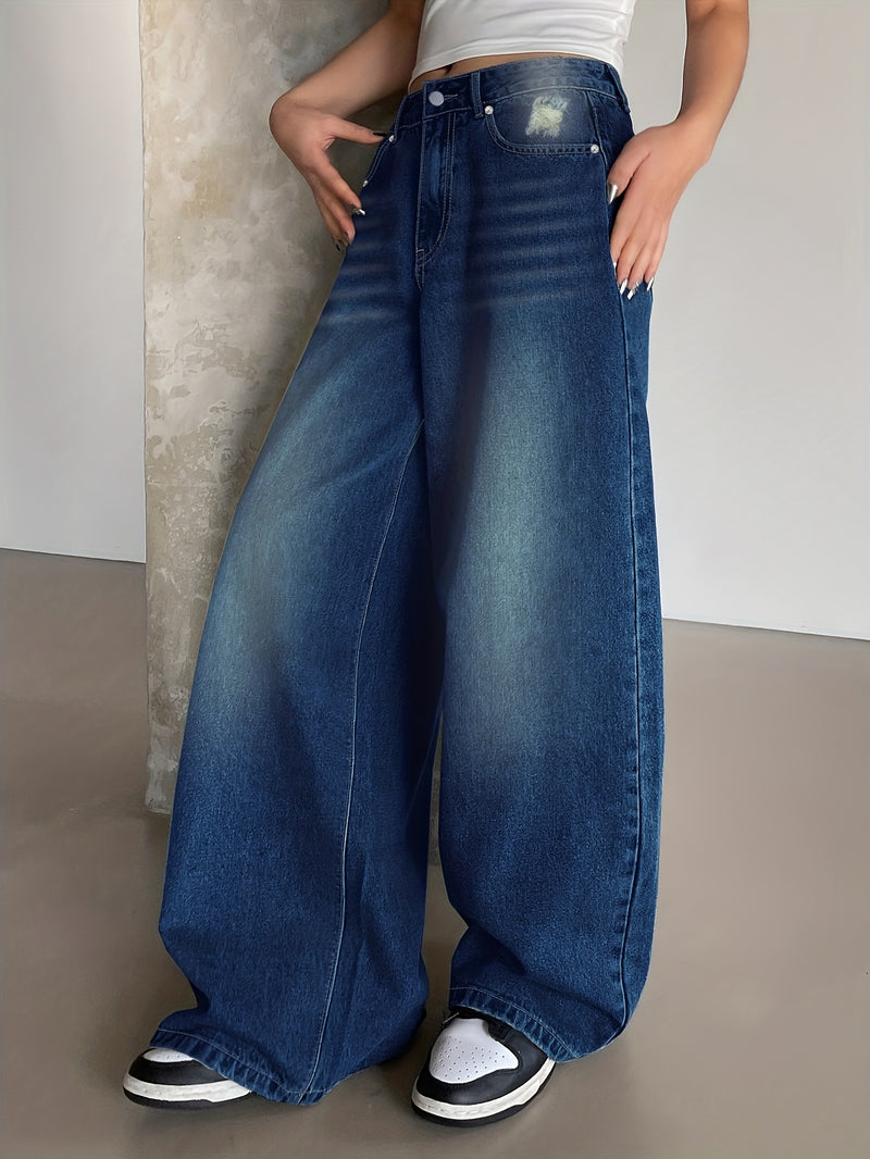 Women's New Washed Blue Wide-Leg Ultra-Long Floor-Length Ripped Loose-Fit Wide-Leg Casual Jeans.