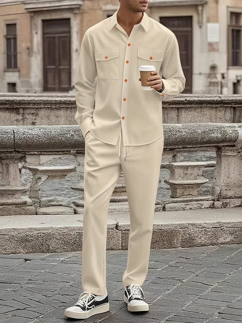 Men'S Casual Two-Piece Set - Olive Green Corduroy  Shirt & Pants.