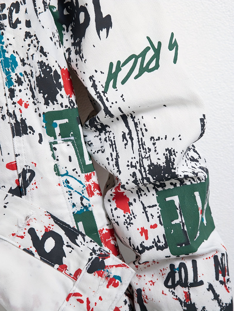 Men's Streetwear Faux Denim Jacket with Random Graffiti Print.
