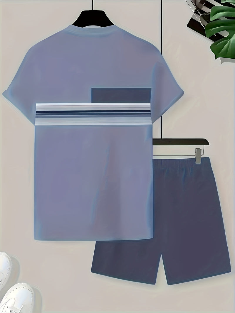 1 Set of 2pcs Men's Casual Outfit, Round-neck T-shirt + Shorts Set.