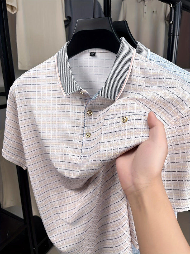 Men's Short-Sleeve T-Shirt Summer Lapel Plaid Ice Silky Fiber Fabric.