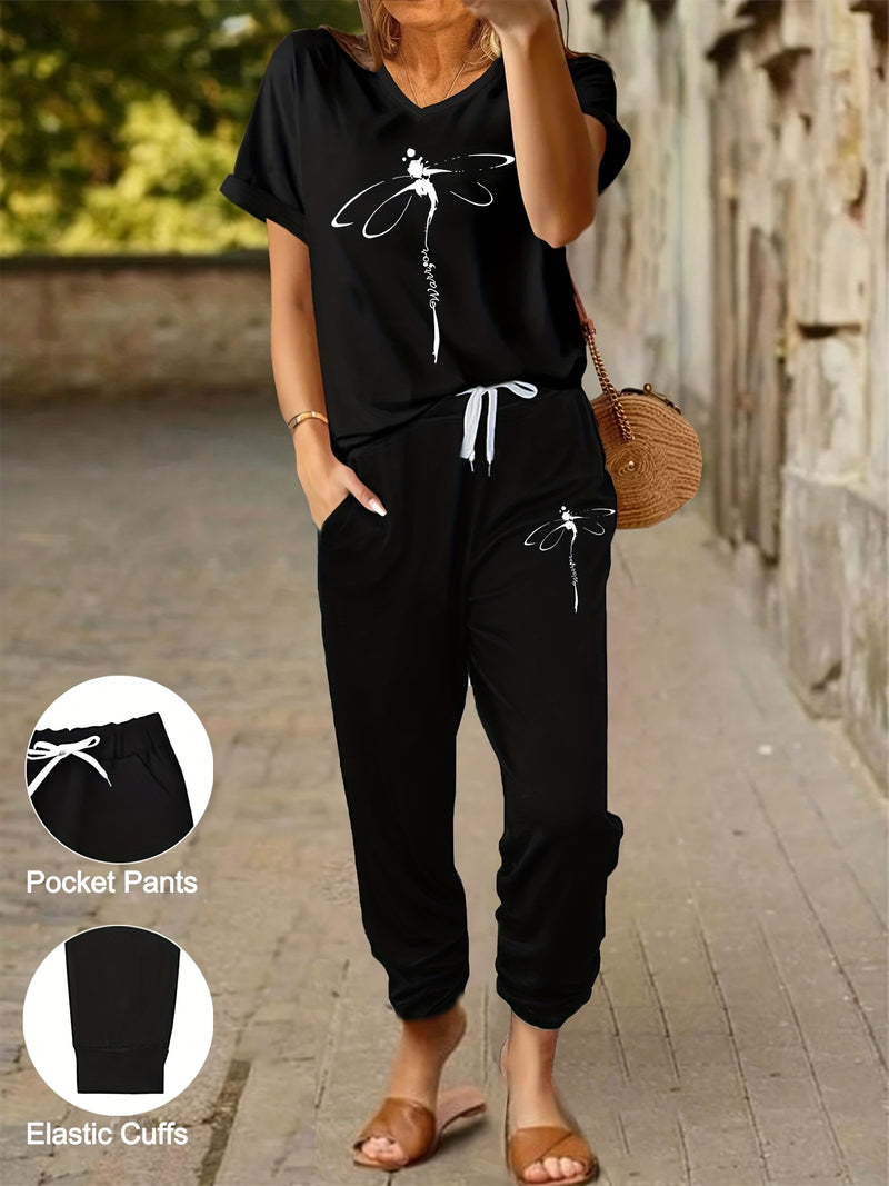 Women's 2pcs Outfit - Batwing V-Neck Top with Dragonfly & Letter Print.