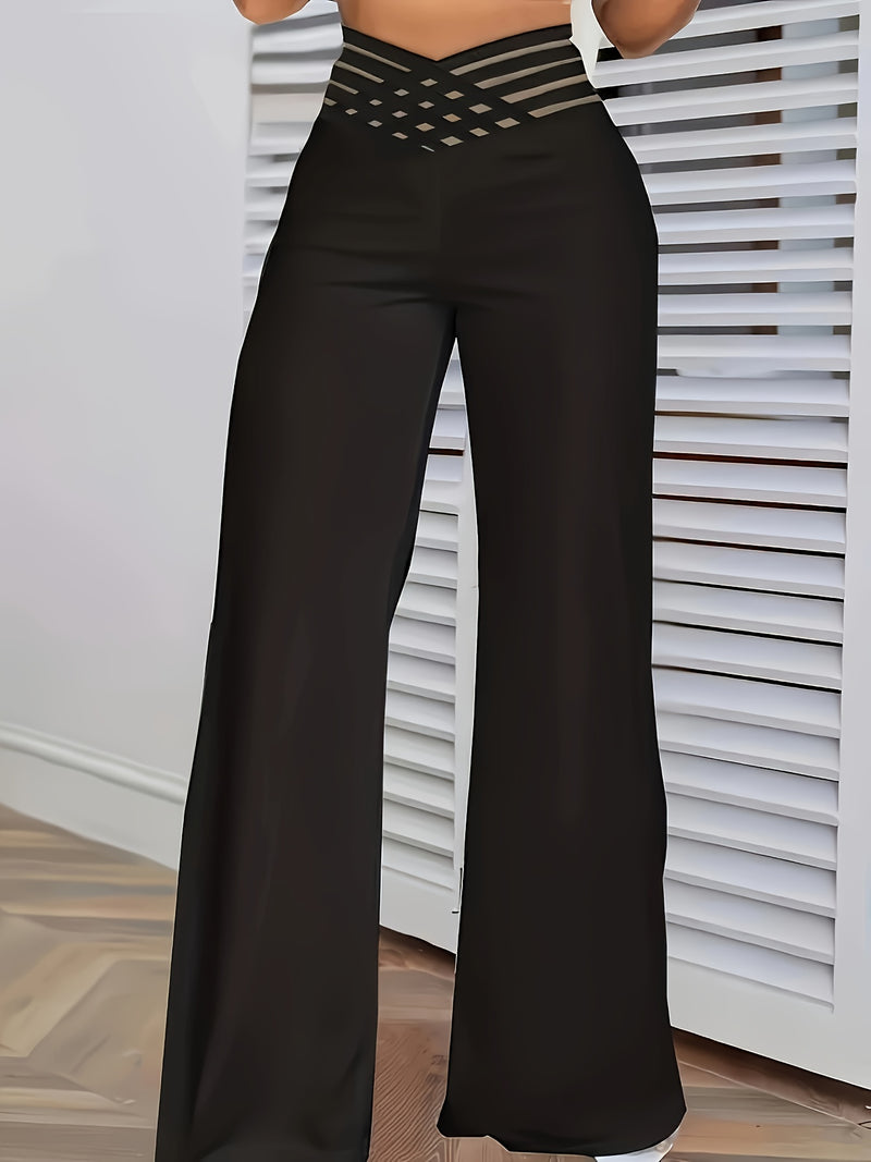 Women’s Solid Color Cross-Over Transparent Mesh Patch High-Waist Pants.