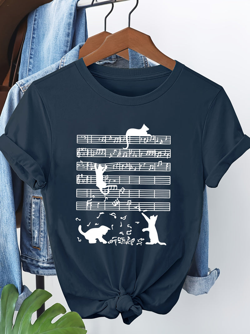 Women's Casual Short Sleeve T-Shirt with Music Note & Cat Print.
