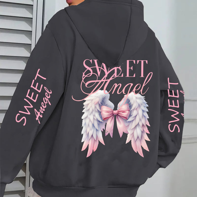Women's Oversized Hoodie with Pink Wings & Angel Design.