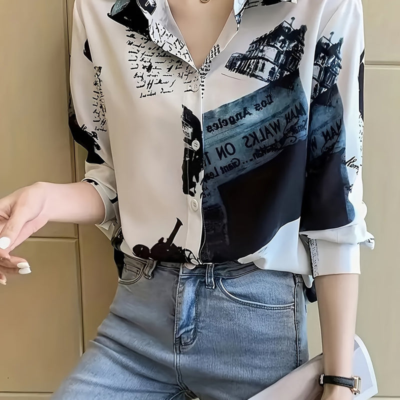 Women’s Letter Print Button- Shirt, New Spring/Autumn Casual Long Sleeve.