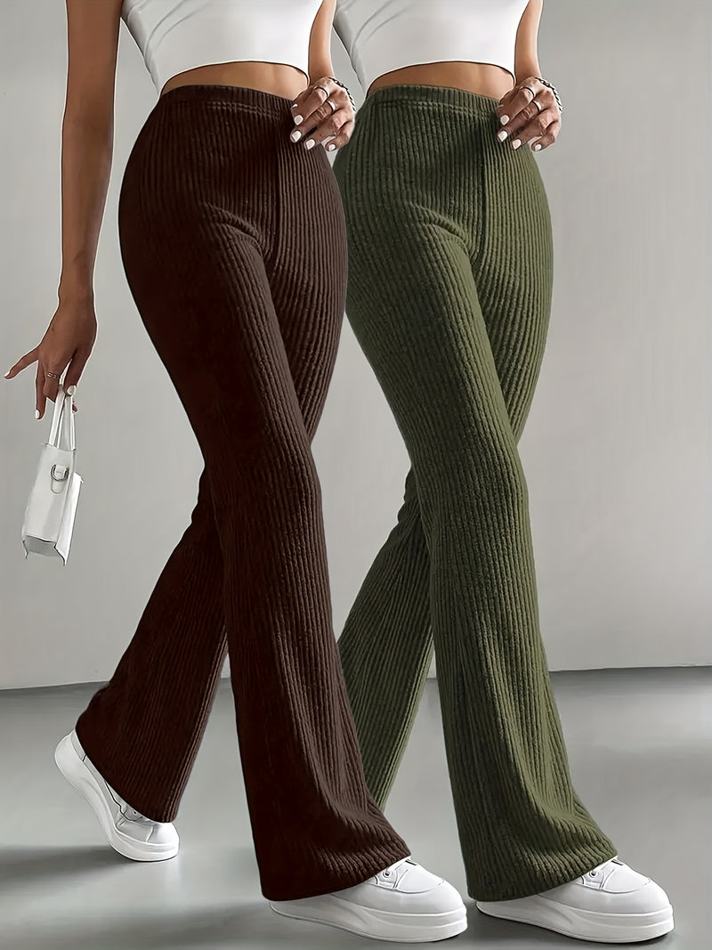 Women’s 2pcs Set Ribbed Simple Striped Casual Solid Color Straight-Leg Wide-Leg Pants.