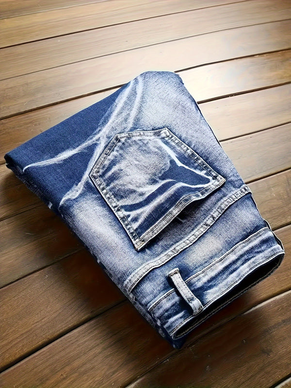 Men's Streetwear Brand Motorcycle Jeans with a Unique Wrinkled Design.
