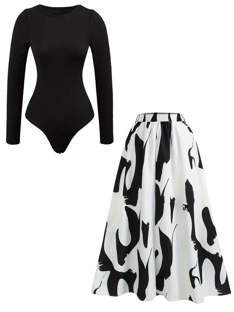 Women's Printed Chiffon High-Waist A-Line Skirt with Fashionable Tank Top.