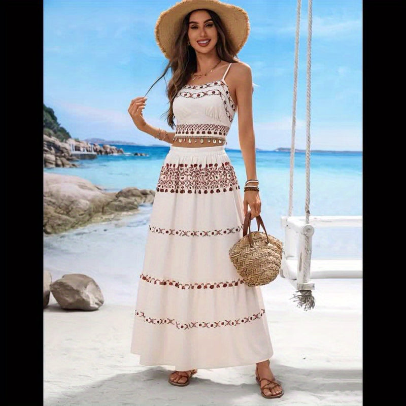 Women’s Fashion Printed Tassel Drawstring Halter Top and Elastic Waist Skirt Set.