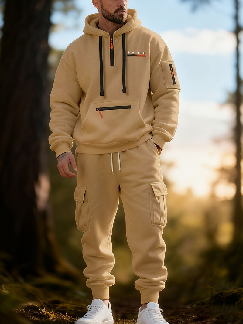 Men's Halloween Paris Letter Print Hoodie & Drawstring Cargo Jogger.