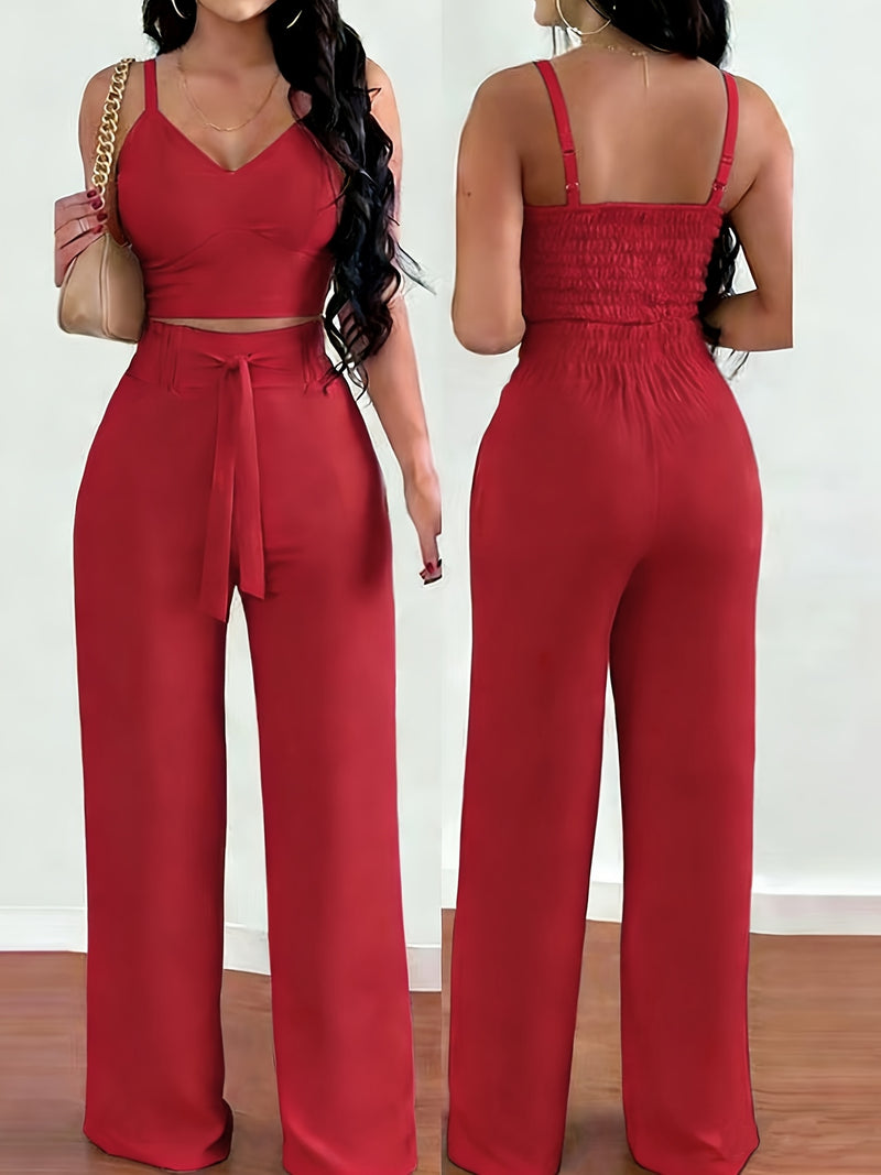 2-piece Women's Set with Thin Strap Stretch Camisole and Wide-leg Pants.