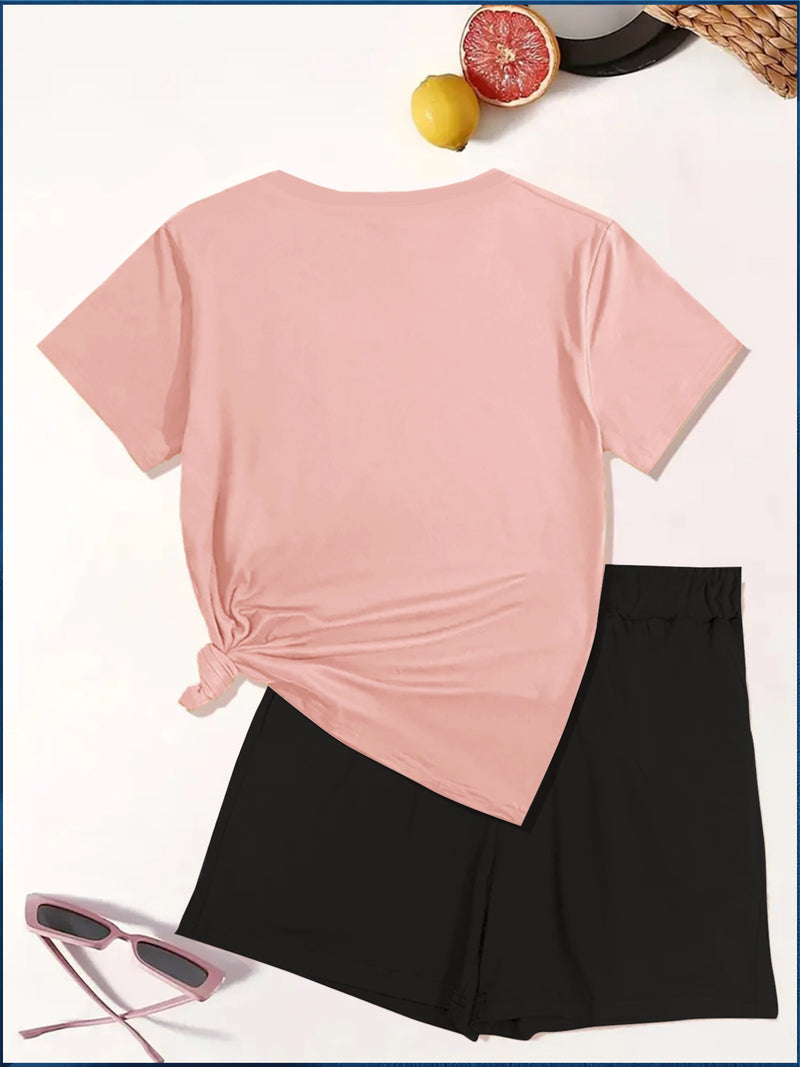 2pcs Women's Y2K Elegant V-Neck Short-Sleeve Blouse & Matching Shorts.