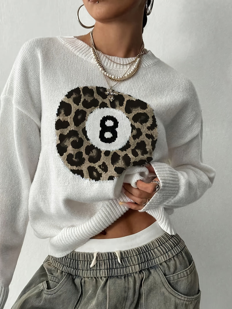 Women’s Fashion Casual Style Leopard Print Ball Design Billiard 8pcs Sweater.
