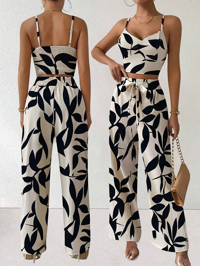 2pcs Women's Elegant Floral Print Spaghetti Strap.