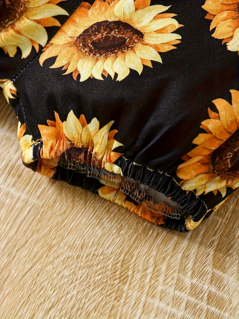 Letter Print Romper with Floral Shorts + Headscarf Three-piece Set.