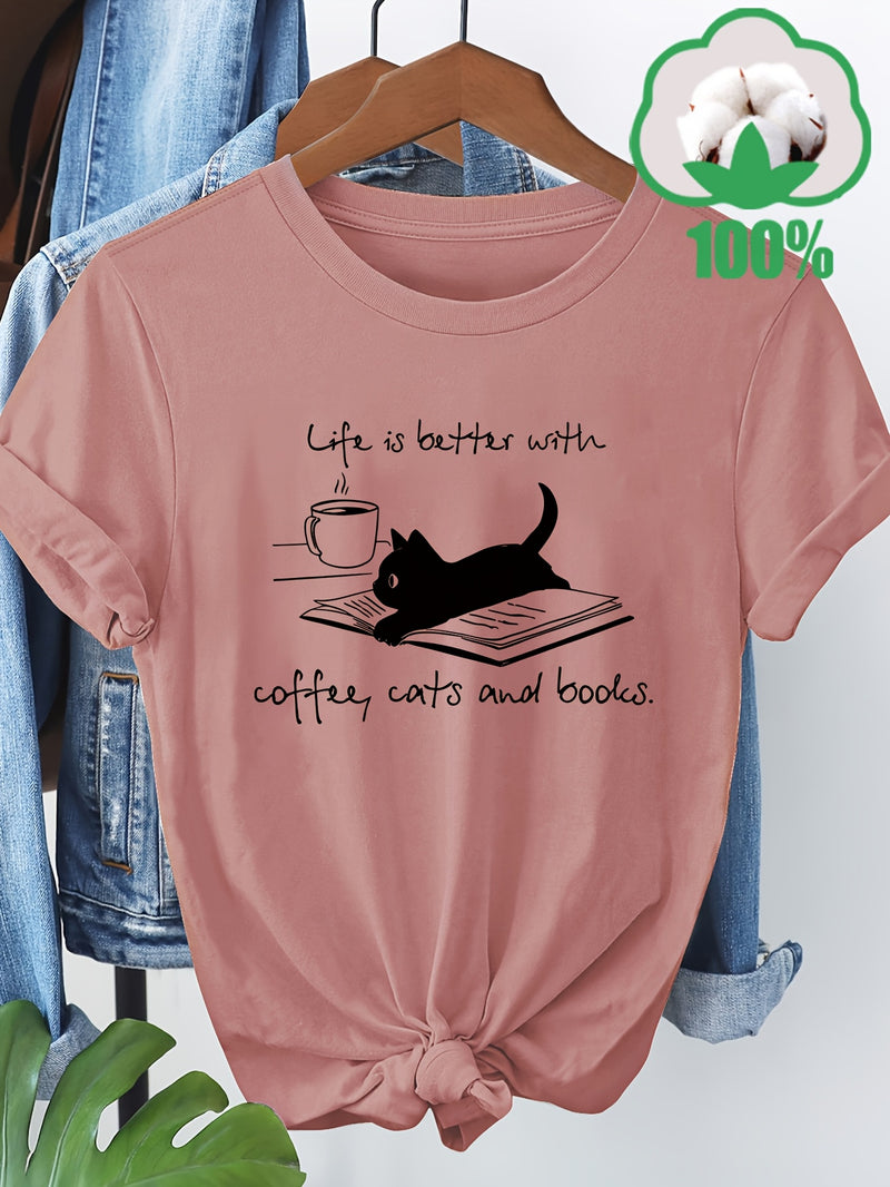 Women’s T-Shirt with a Coffee, Cat, And Book Pattern.