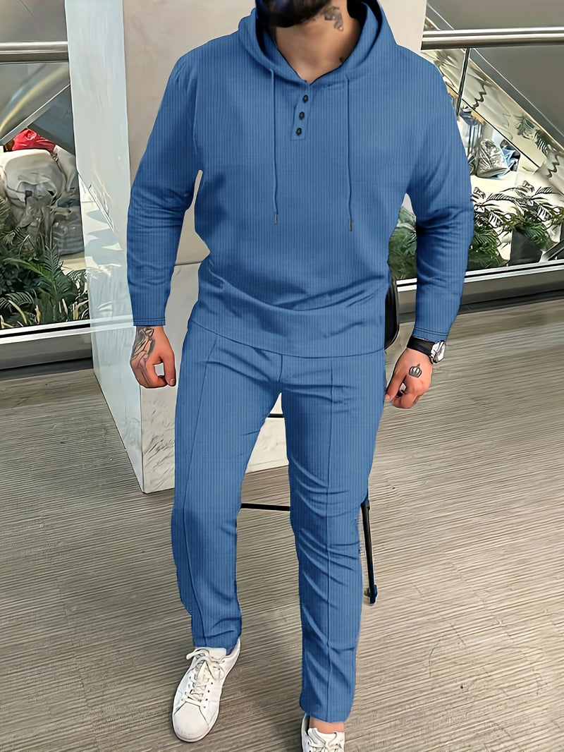 A Two-Piece Casual Outfit for Men Hooded Long-Sleeve T-Shirt.