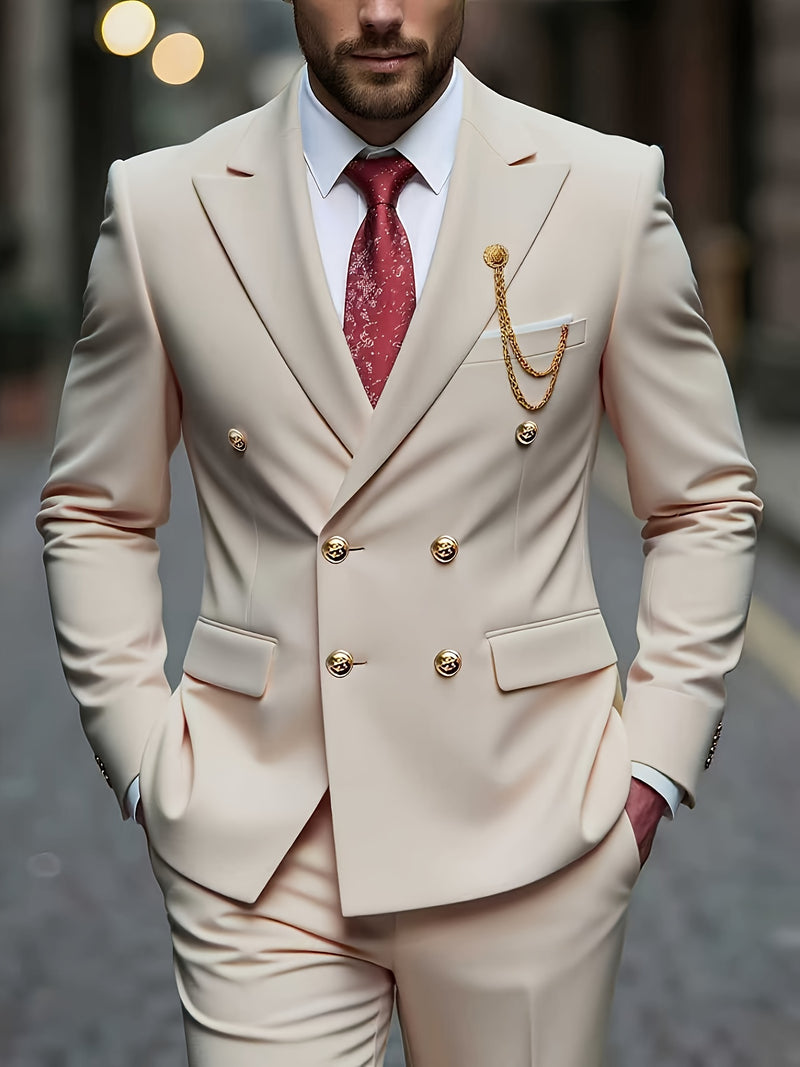 Men's 2pcs Suit, Double-Breasted Notch Lapel Solid Color Blazer and Pants Set.
