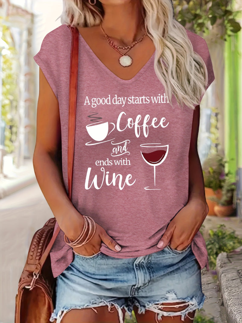 Women’s Comfortable V-Neck Short-Sleeve T-Shirt Features a Print.