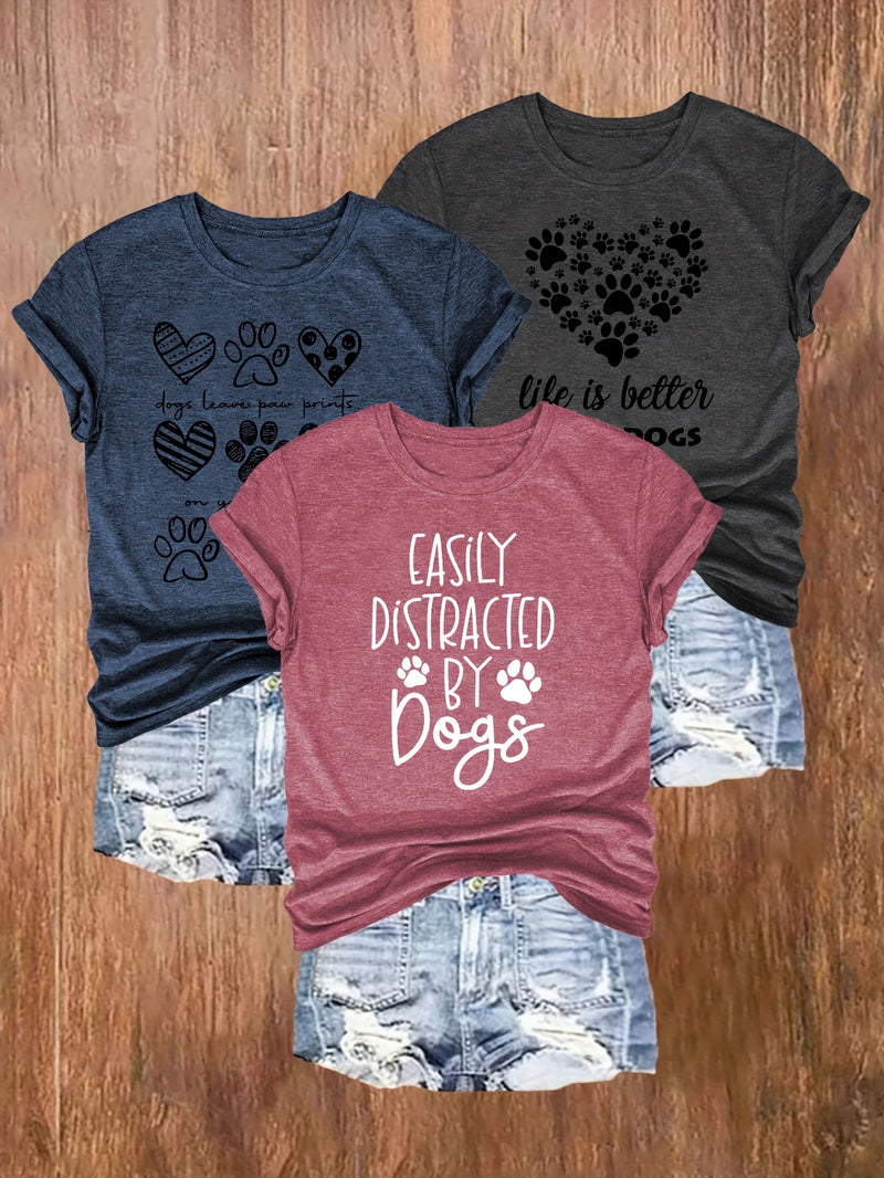 3pcs Women's Casual Dog Lover Graphic T-Shirts.