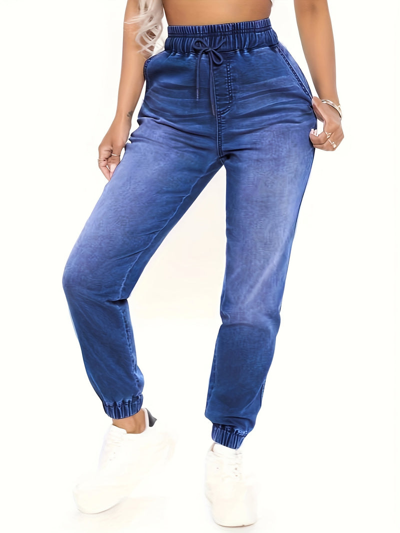 Women's Plus-Size Elastic Drawstring Tapered Jeans.