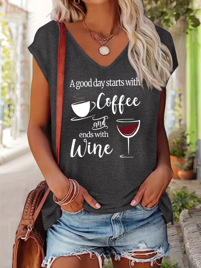 Women’s Comfortable V-Neck Short-Sleeve T-Shirt Features a Print.