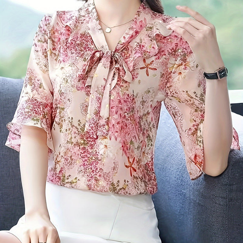 Women's Floral Print V-Neck Blouse.