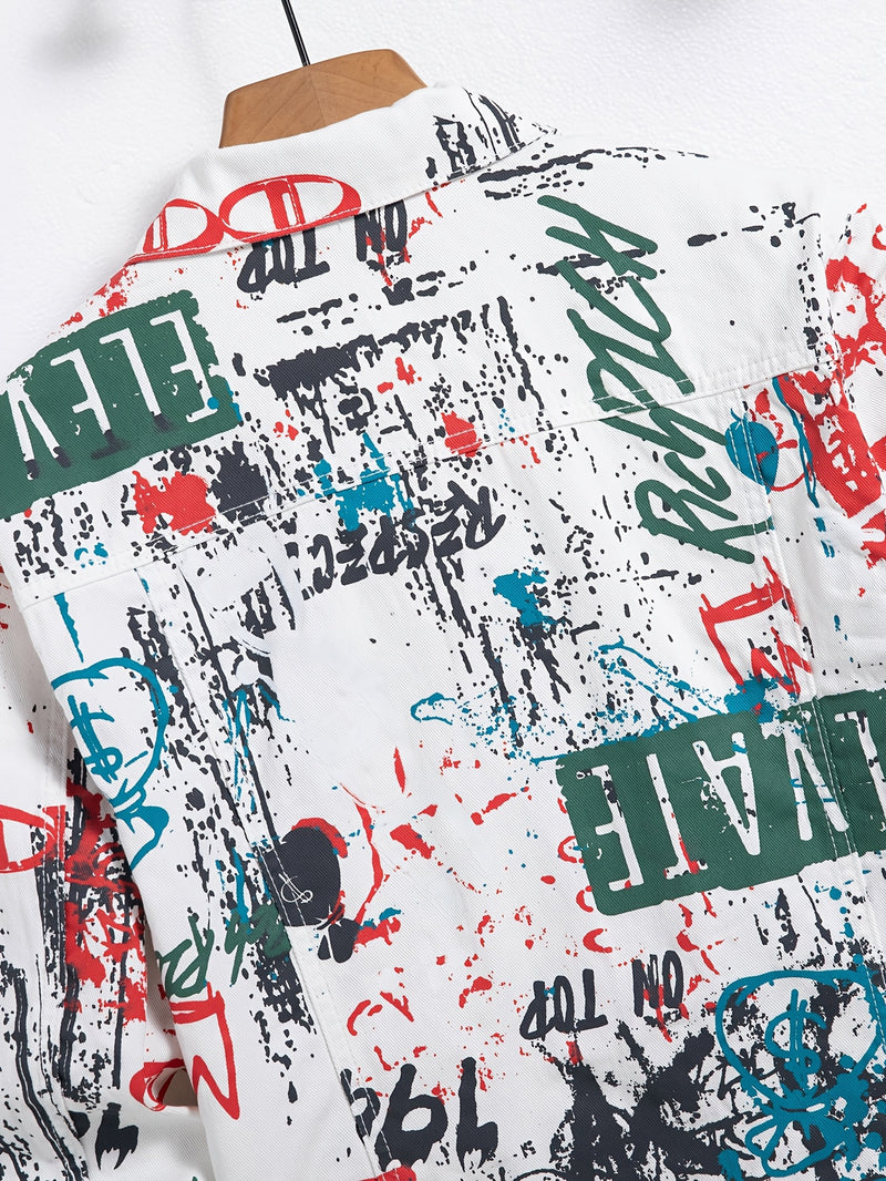 Men's Streetwear Faux Denim Jacket with Random Graffiti Print.