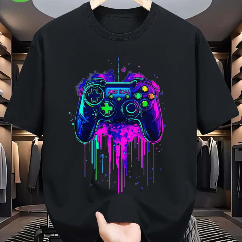 Men's Cotton T-Shirt with Vibrant Neon Gaming Controller Graphic.