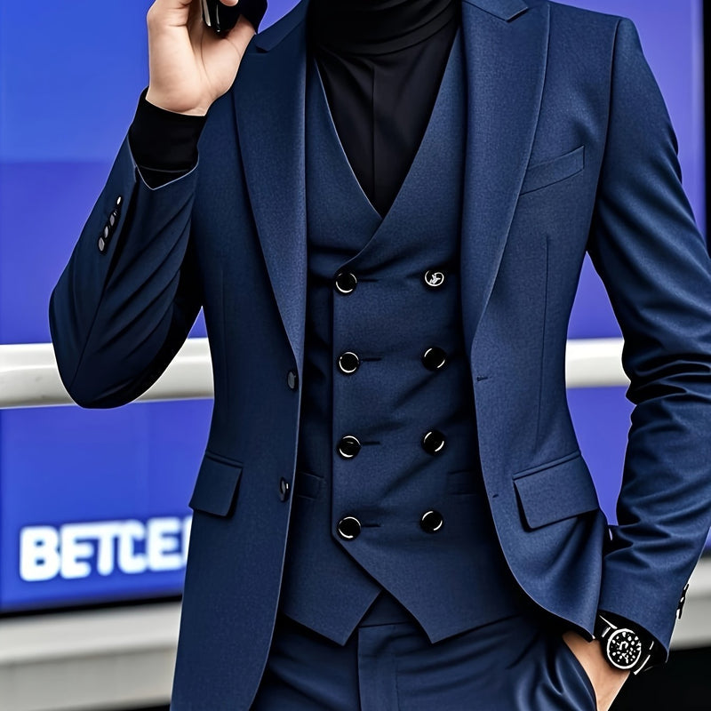 A Premium Three-Piece Suit for Men, Including a Large-Sized Suit Set, Trousers.