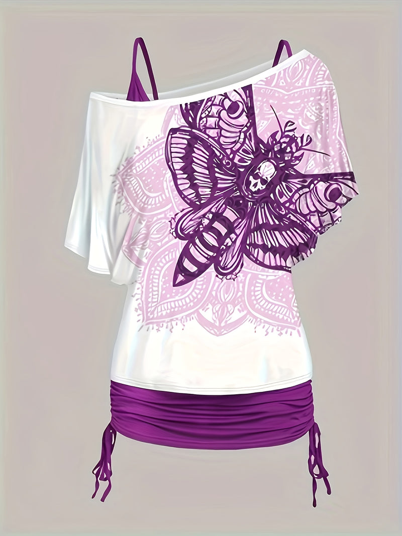 Women’s Off-Shoulder Top with Butterfly Print And Three-Quarter Pants.