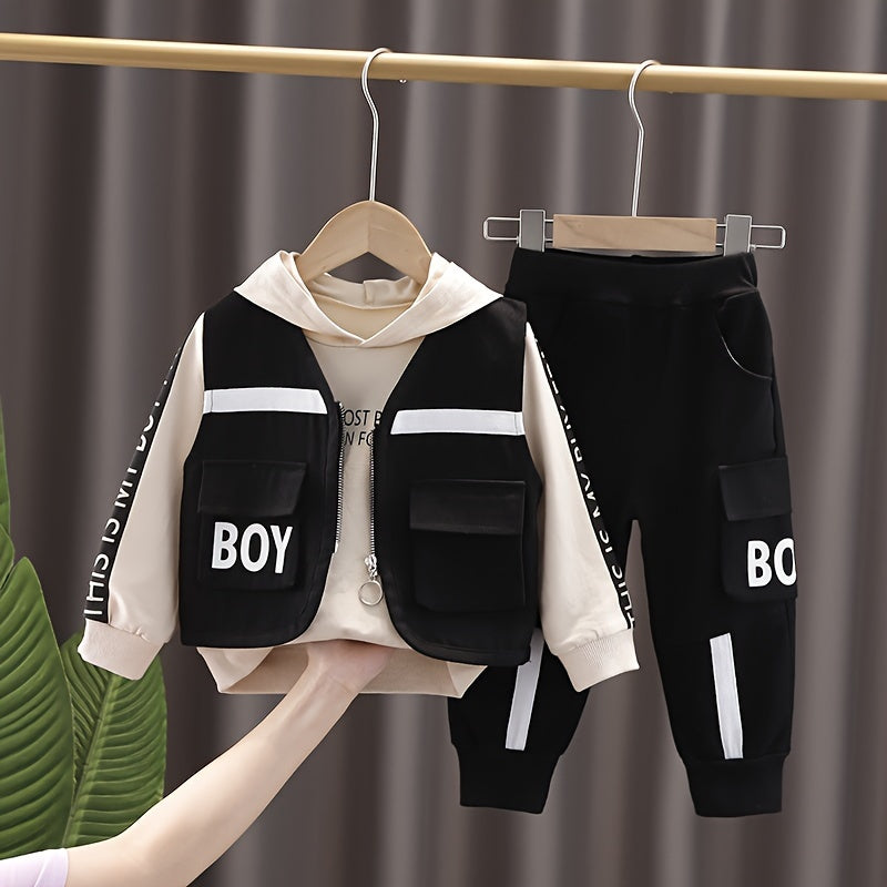 Boys Autumn Clothing Set, New Autumn Fashionable Vest Sweatshirt Three-Piece.