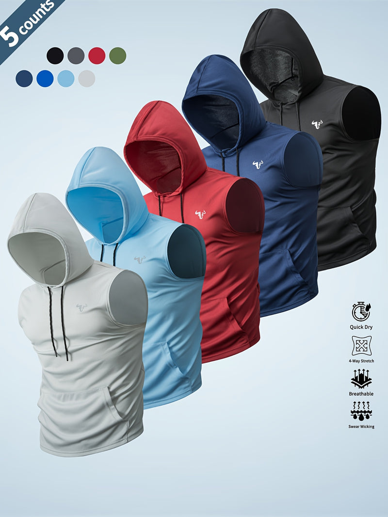 Five-Pack Summer Solid Color Men's Hooded Sweatshirts with Pockets.
