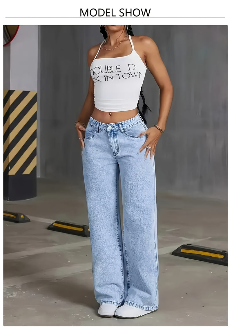 Women's New Stretch Loose Wide Leg Straight Jeans.