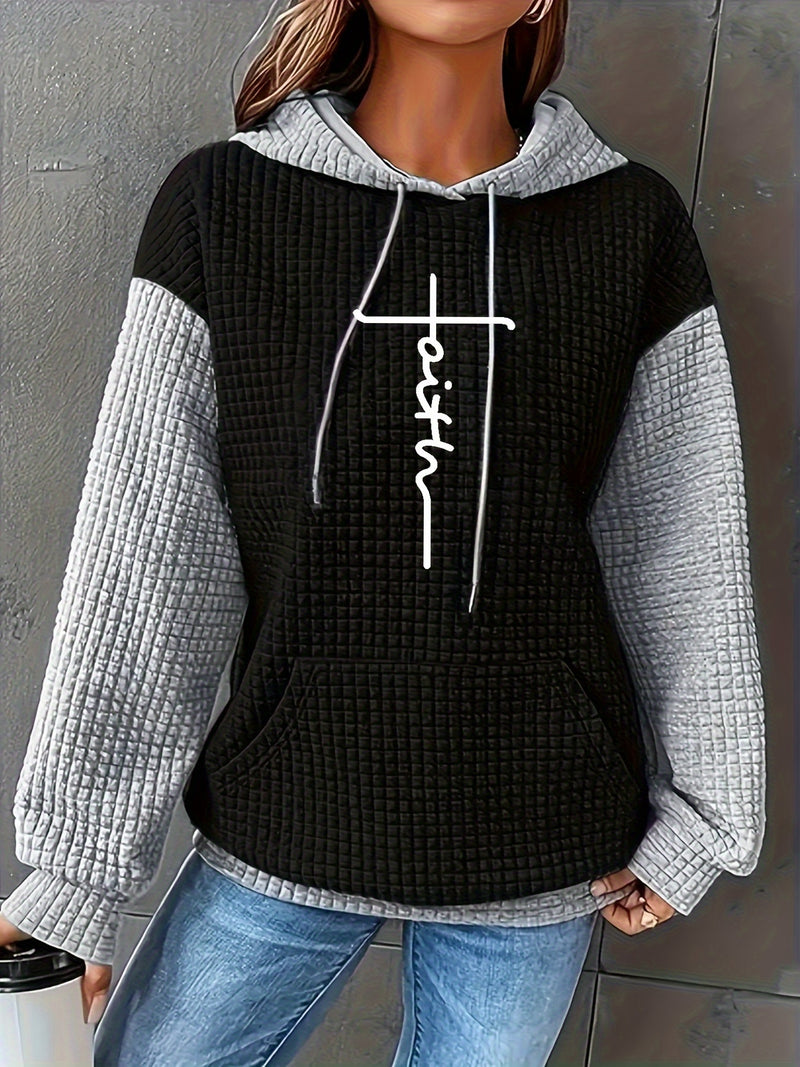 Women's Casual Oversized Hoodie with Checkered Texture & Letter Print.
