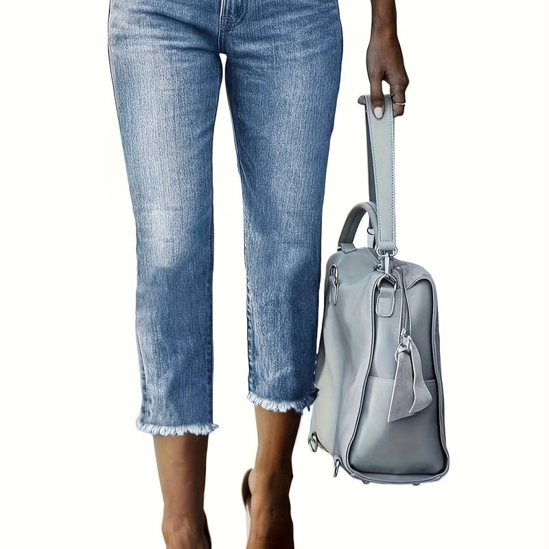 Women's Stylish Versatile Embroidered Frayed Hem Cropped Jeans.