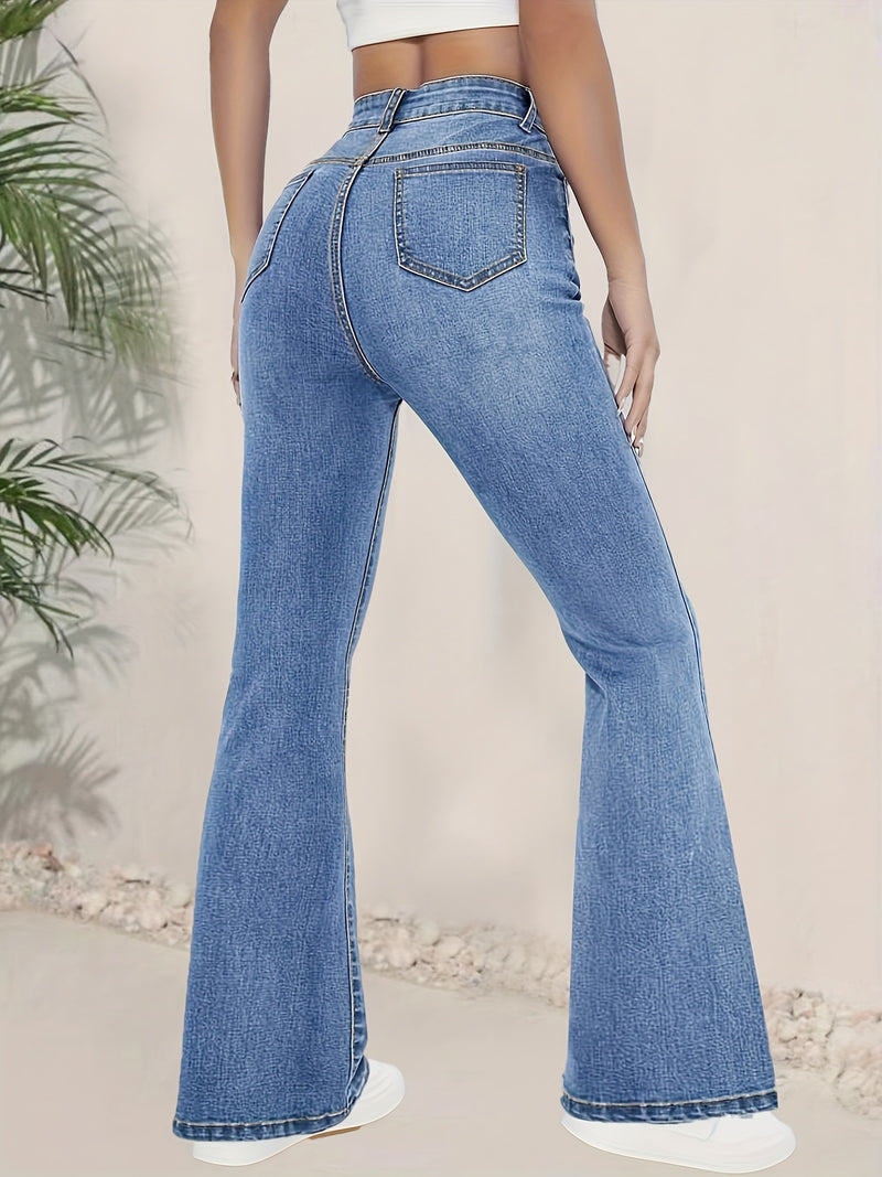 Fashionable And Versatile High-Waisted Stretchy Blue Flared Jeans for Women.