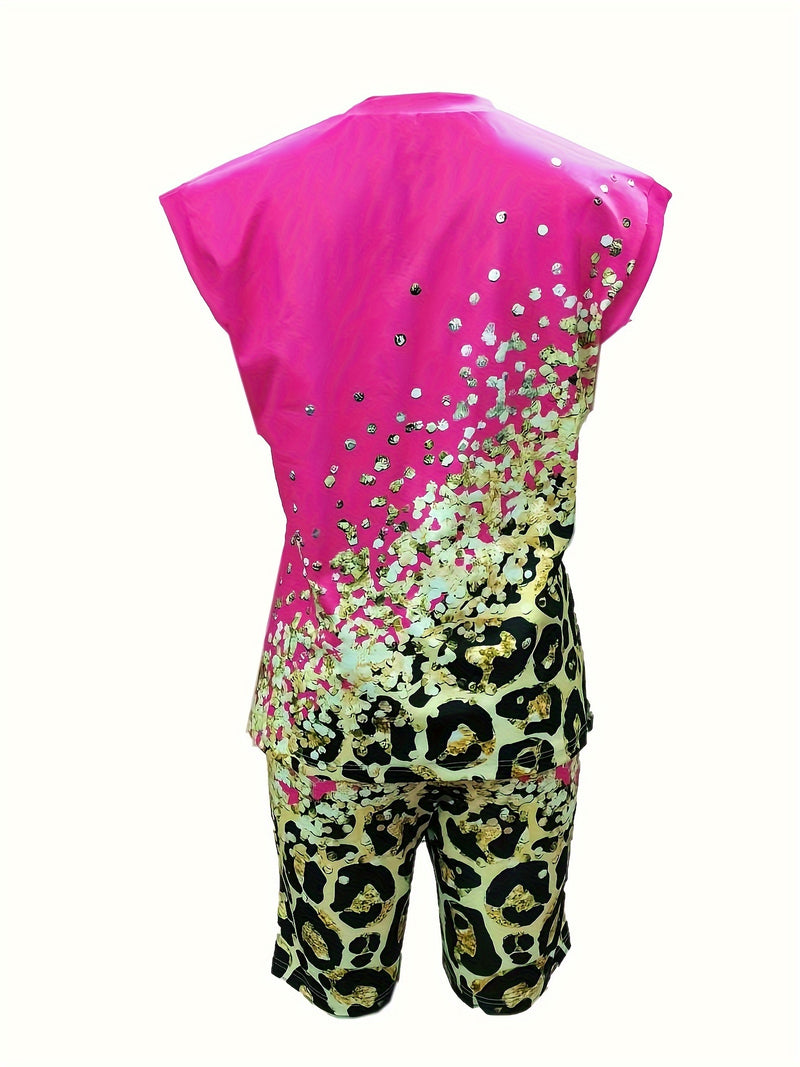2pcs Women's Fashion Printed Round Neck Short Sleeve with Shorts.