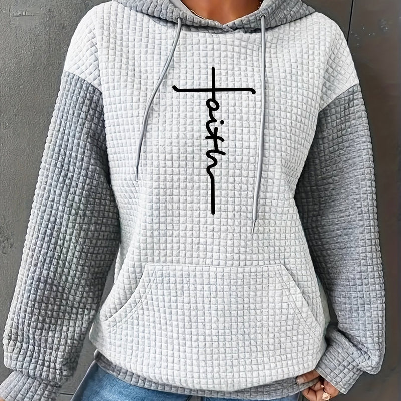Women's Casual Oversized Hoodie with Checkered Texture & Letter Print.